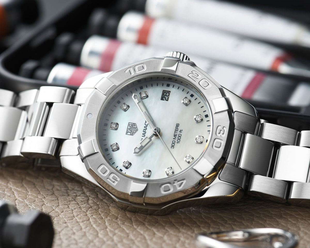 Tag Heuer Aquaracer Diamonds Mother of Pearl Dial Silver Steel Strap Watch for Women - WBD131B.BA0748