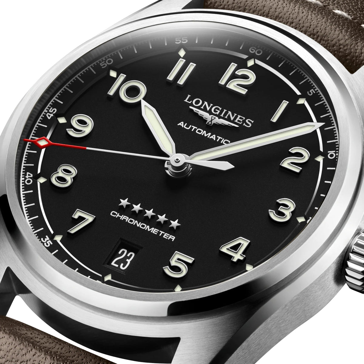 Longines Spirit Automatic COSC Stainless Steel Black Dial Brown Leather Strap Date Unisex Watch L3.410.4.53.0