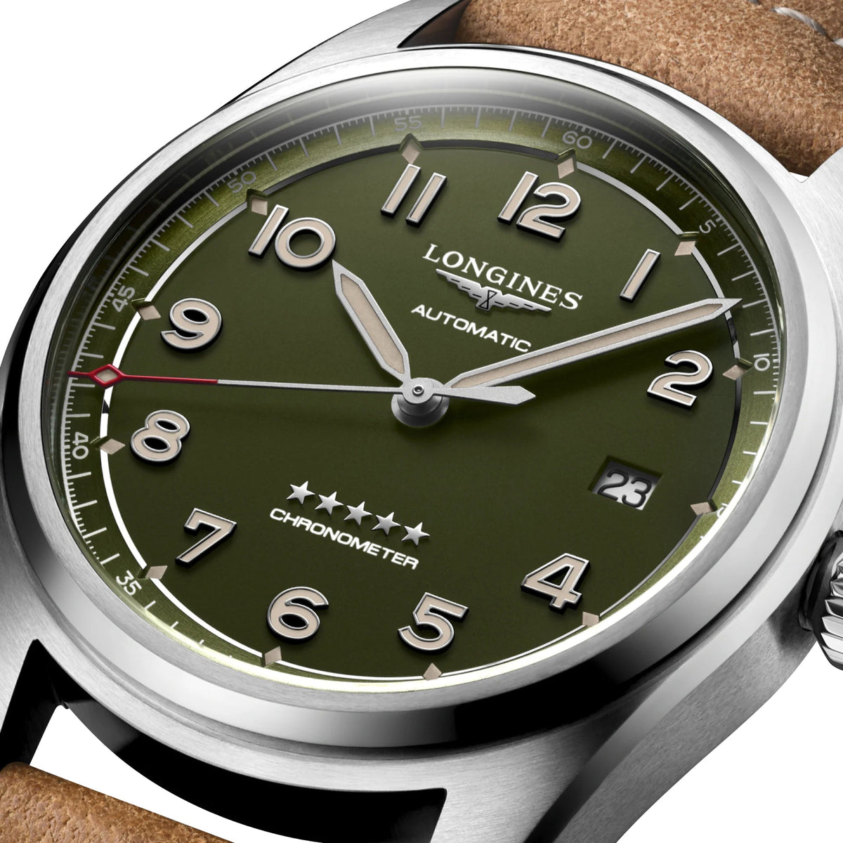 Longines Spirit Automatic COSC Stainless Steel Green Dial Brown Leather Strap Date Mens Watch L3.810.4.03.2