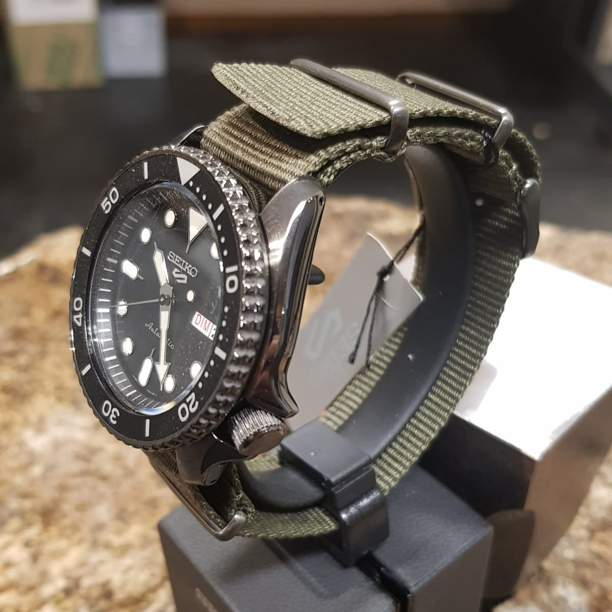 Seiko 5 Sport Automatic Black Dial Green Nylon Strap Watch For Men - SRPD65K4
