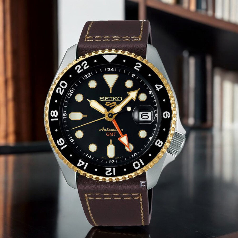 Seiko 5 Sports SKX GMT Automatic Mocha Black Dial Brown Leather Strap Watch For Men - SSK036K1