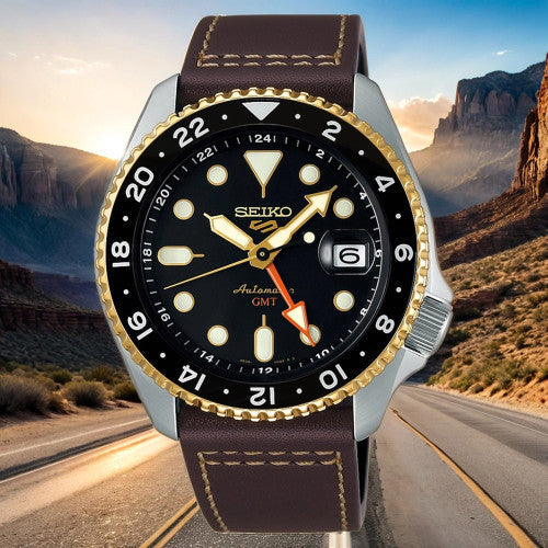 Seiko 5 Sports SKX GMT Automatic Mocha Black Dial Brown Leather Strap Watch For Men - SSK036K1