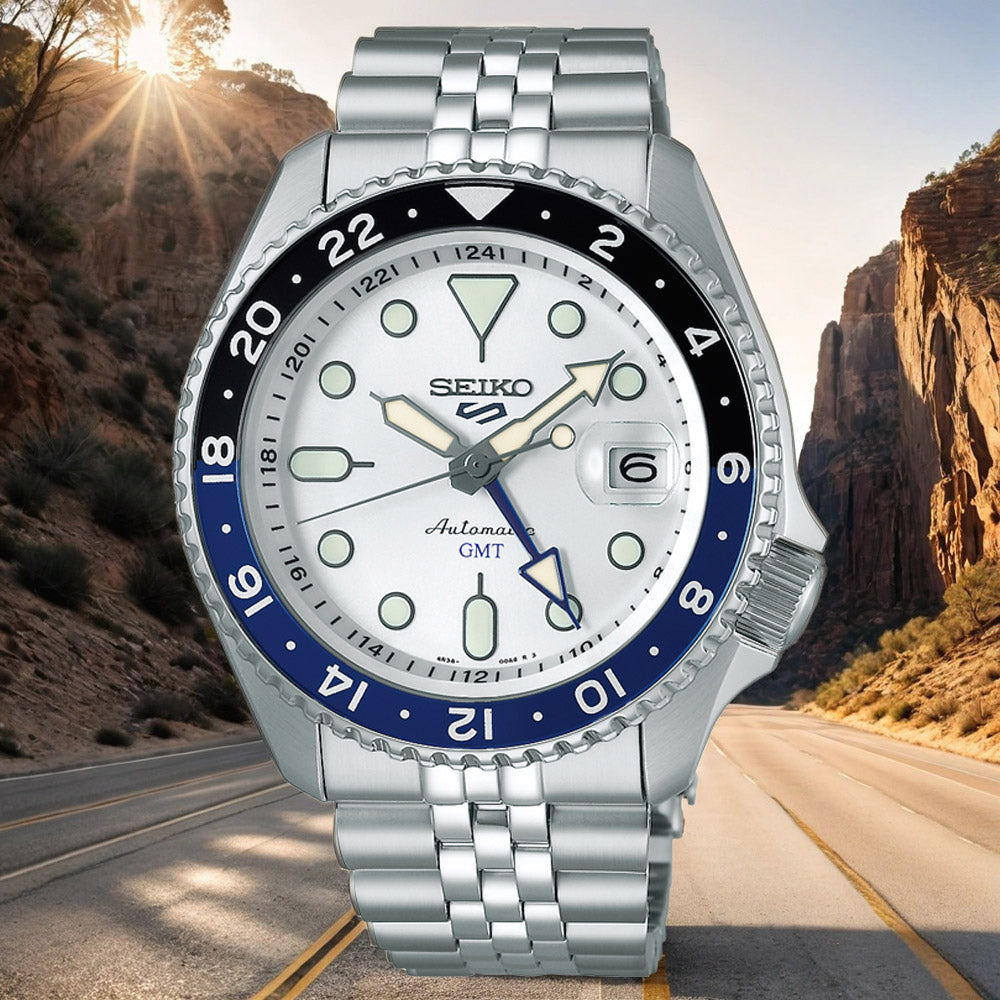 Seiko 5 Sports SKX GMT Automatic Sky Blue Dial Silver Steel Strap Watch For Men - SSK033K1