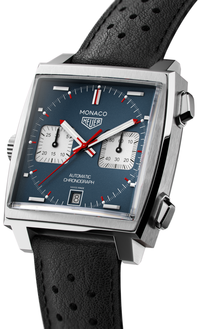 Tag Heuer Monaco Automatic Chronograph Blue Dial Black Leather Strap Watch for Men - CAW211P.FC6356