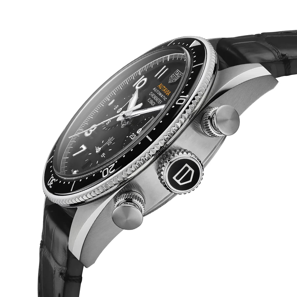 Tag Heuer Autavia Chronometer Flyback Automatic Chronograph Black Dial Black Leather Strap Watch for Men - CBE511A.FC8279