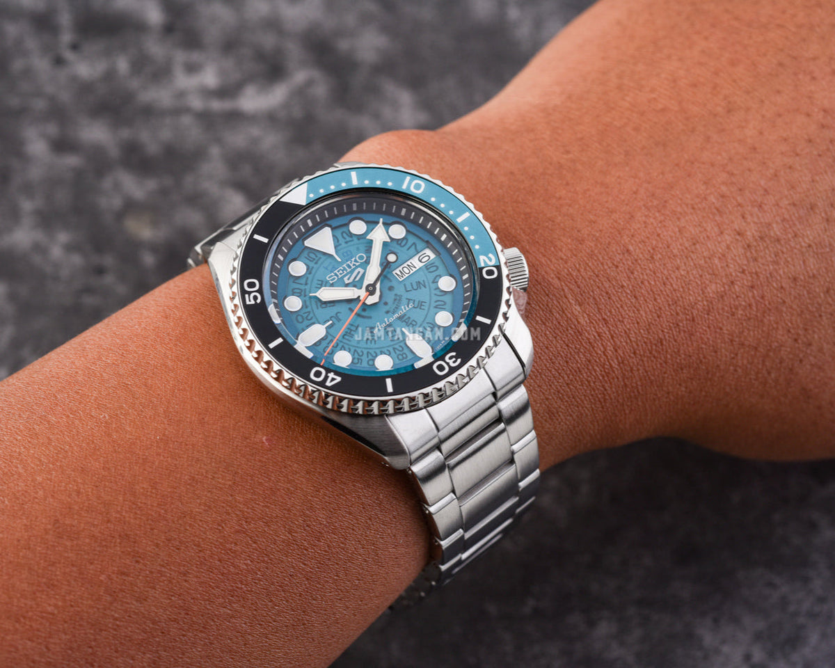 Seiko 5 Sports SKX Skeleton Green Dial Silver Steel Strap Watch For Men - SRPJ45K1