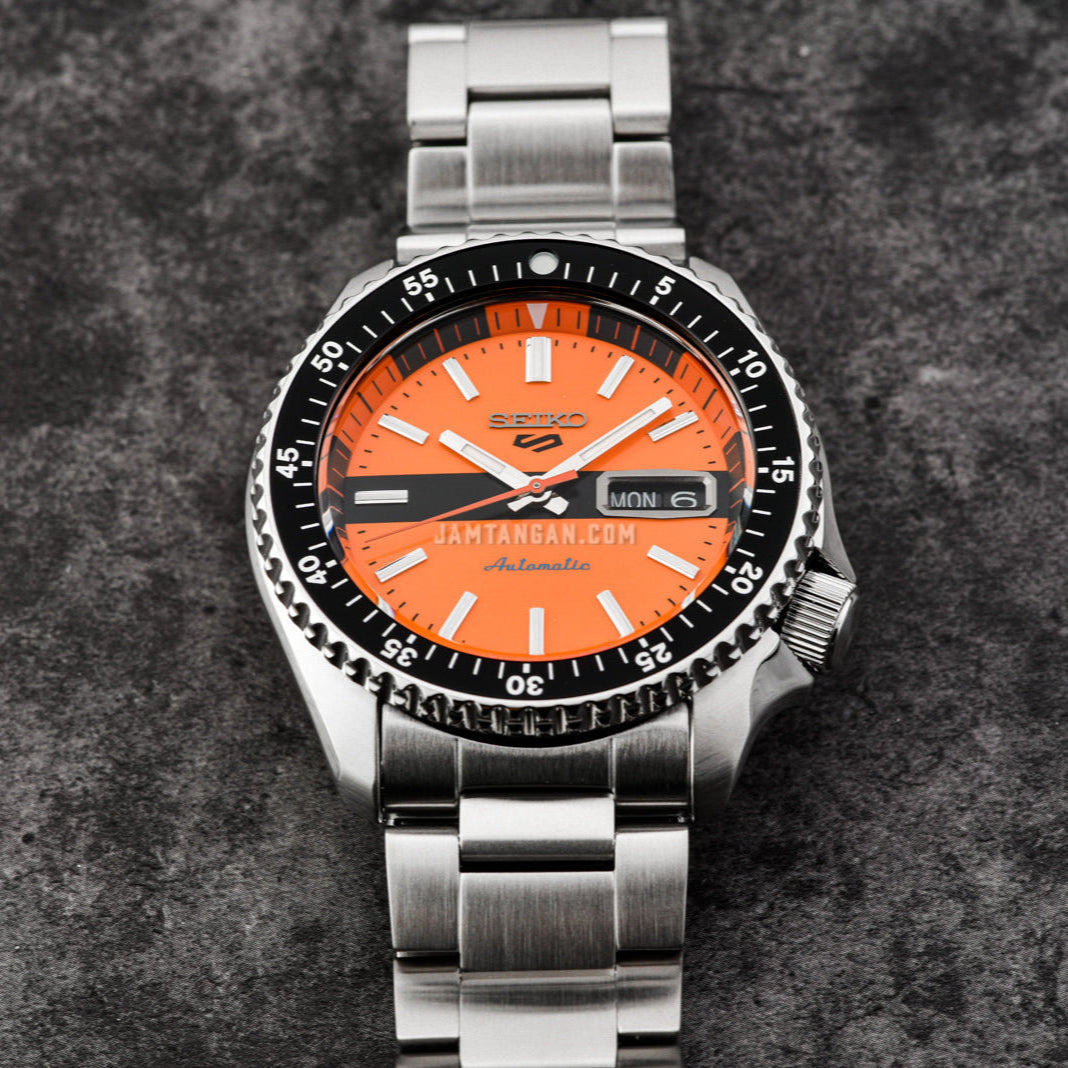 Seiko 5 Sports Double Hurricane Retro Orange Dial Silver Steel Strap Watch For Men - SRPK11K1