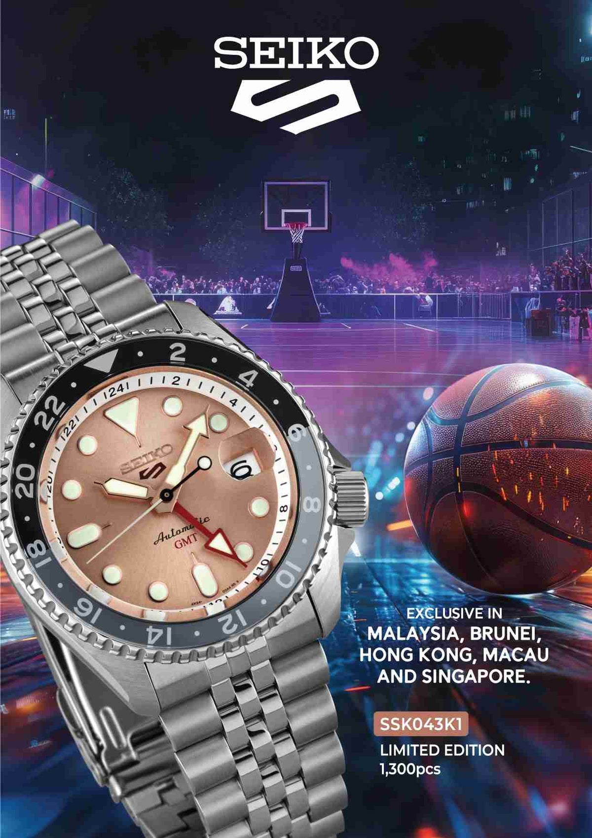 Seiko 5 Sports GMT Thong Sia Limited Edition Brown Dial Silver Steel Strap Watch for Men - SSK043K1