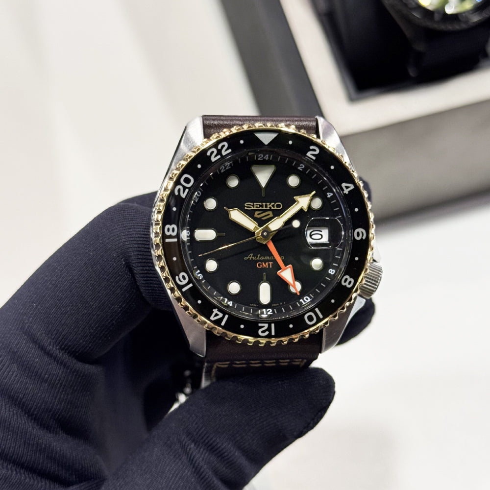 Seiko 5 Sports SKX GMT Automatic Mocha Black Dial Brown Leather Strap Watch For Men - SSK036K1