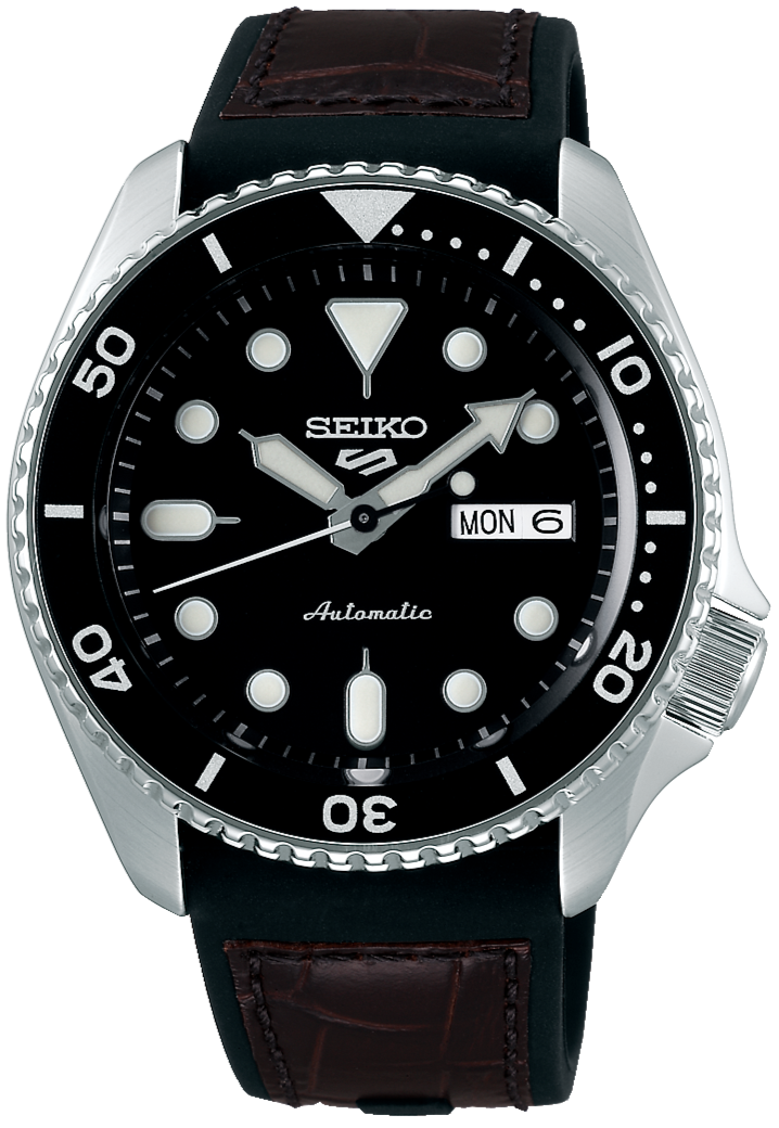 Seiko 5 Sports SKX Automatic Black Dial Black Leather Strap Watch for Men - SRPD55K2