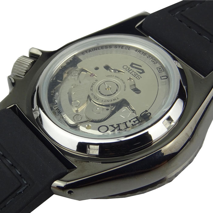 Seiko 5 Sport Automatic Black Dial Black Silicone Strap Watch For Men - SRPD65K3