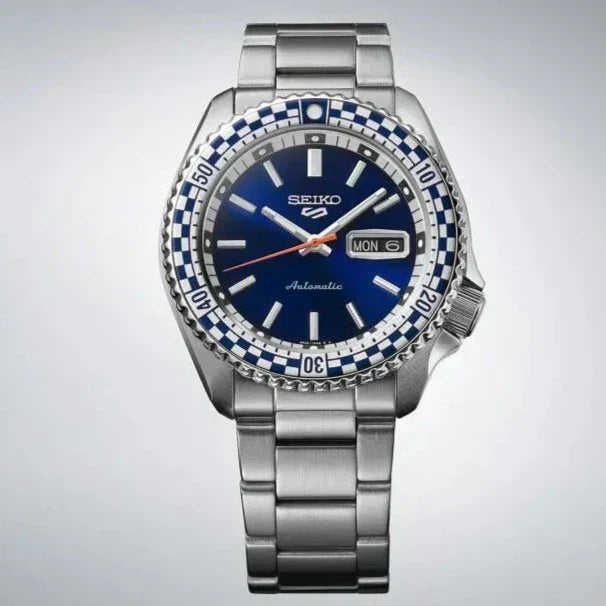 Seiko 5 Sports Petrol Blue Checker Flag Special Edition Blue Dial Silver Steel Strap Watch For Men - SRPK65K1