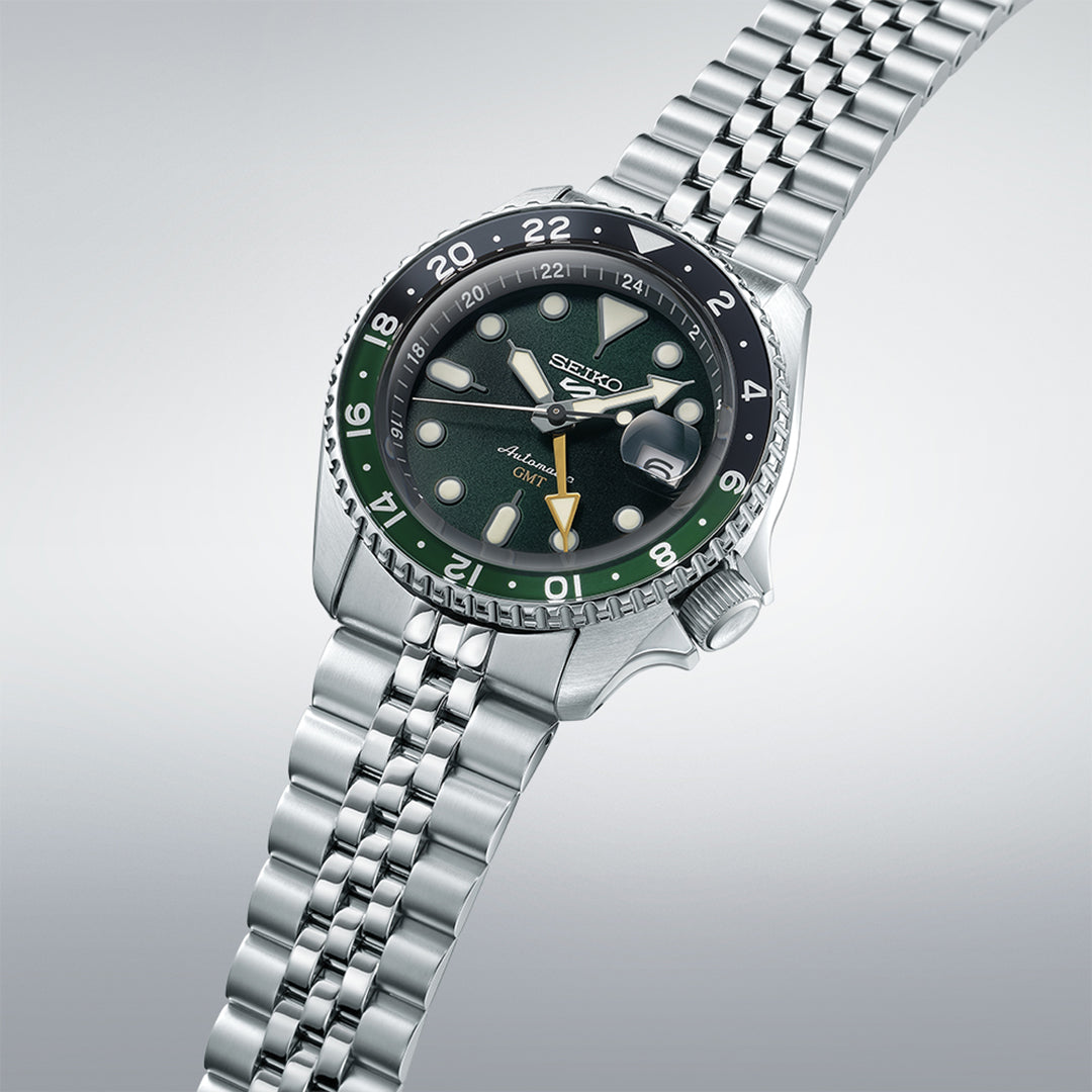 Seiko 5 Sports SKX GMT Automatic Green Dial Silver Steel Strap Watch For Men - SSK035K1