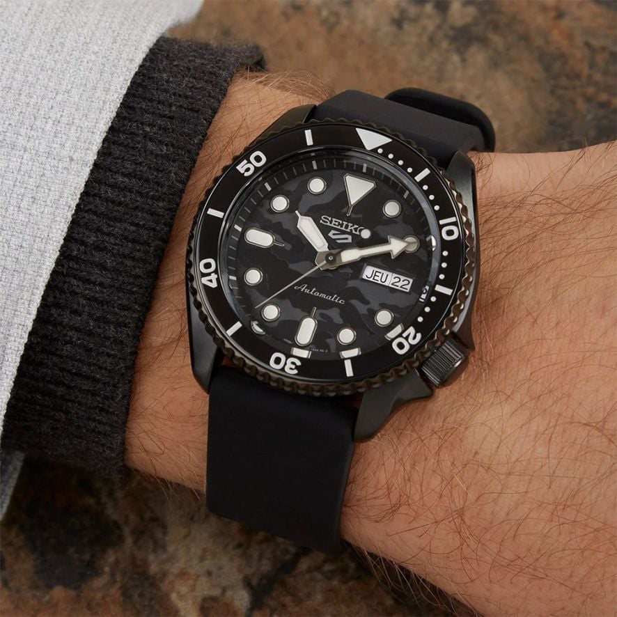 Seiko 5 Sport Automatic Black Dial Black Silicone Strap Watch For Men - SRPD65K3