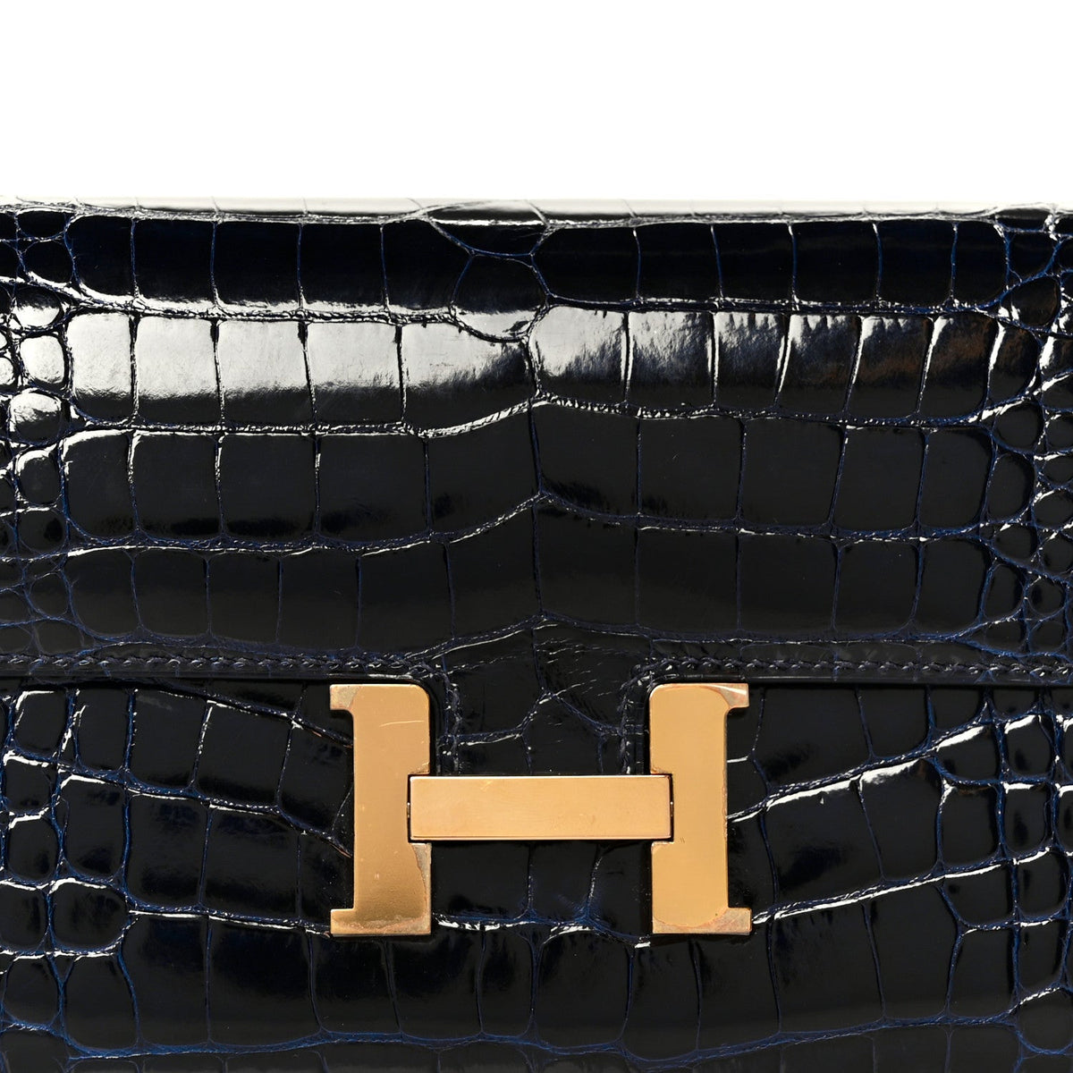Shiny Alligator Constance Long Wallet Bleu Marine Cuivre