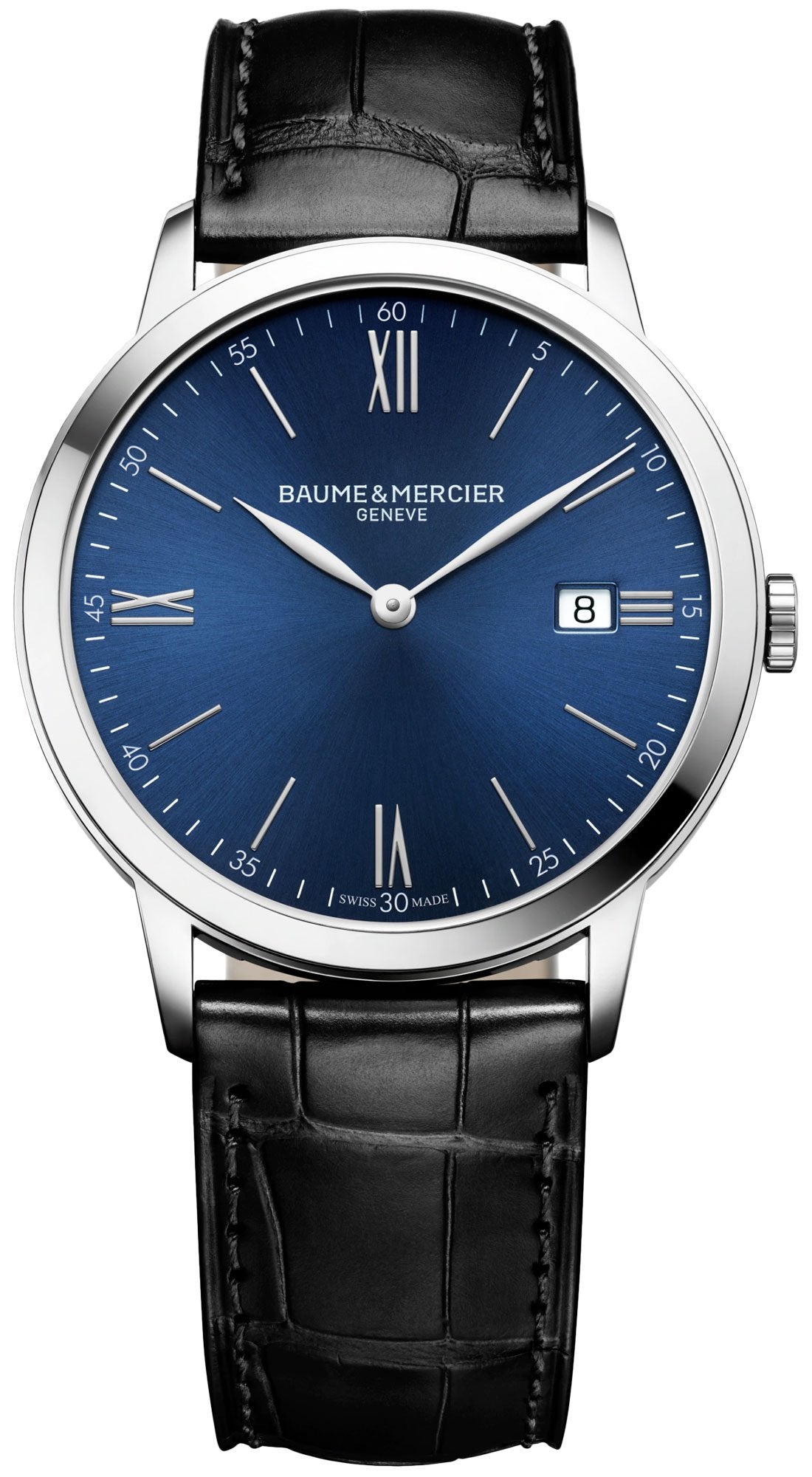 Baume & Mercier Classima Blue Dial Black Leather Strap Date Quartz Mens Watch MOA10324