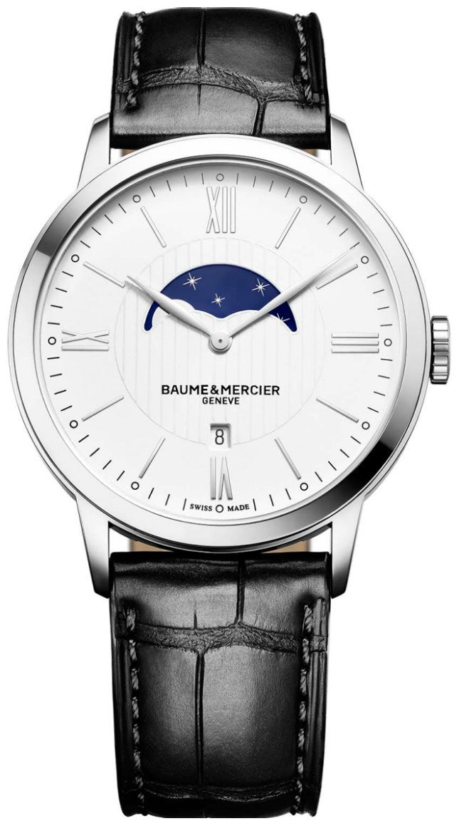 Baume & Mercier Classima White Dial Black Leather Strap Moonphase Date Quartz Mens Watch MOA10219