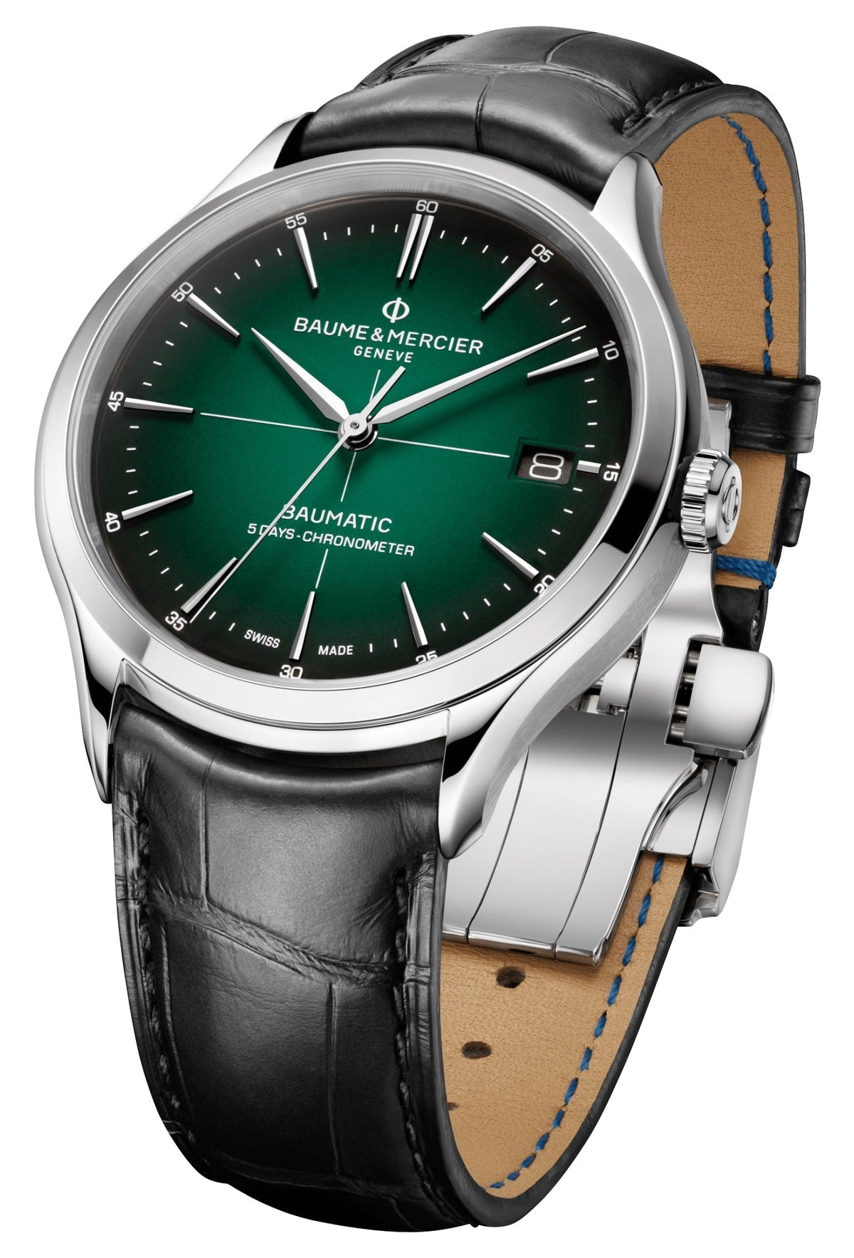Baume & Mercier Clifton Baumatic COSC Automatic Stainless Steel Green Dial Black Leather Strap Date Mens Watch M0A10592