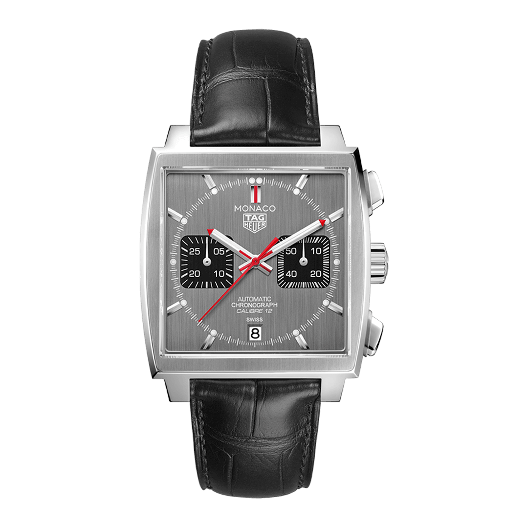 Tag Heuer Monaco Calibre 12 Final Edition Chronograph Grey Dial Black Leather Strap Watch for Men - CAW211J.FC6476