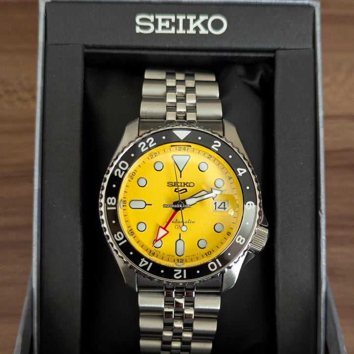 Seiko 5 Sport SKX GMT US Special Creation Automatic Yellow Dial Silver Steel Strap Watch for Men - SSK017K1
