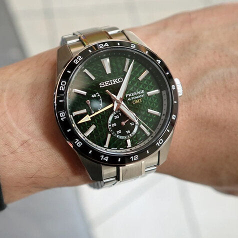 Seiko Presage Sharp Edged Series GMT Green Dial Silver Steel Strap Watch For Men - SPB219J1