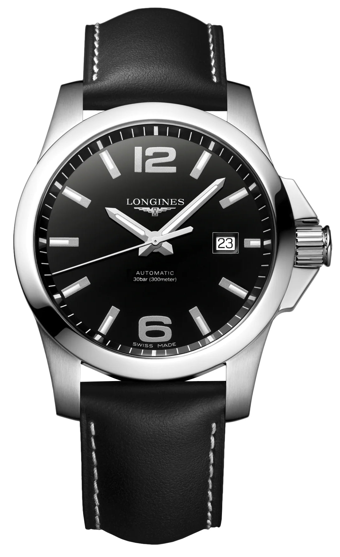 Longines Conquest Automatic Stainless Steel Black Dial Black Leather Strap Date Divers Mens Watch L3.778.4.58.3
