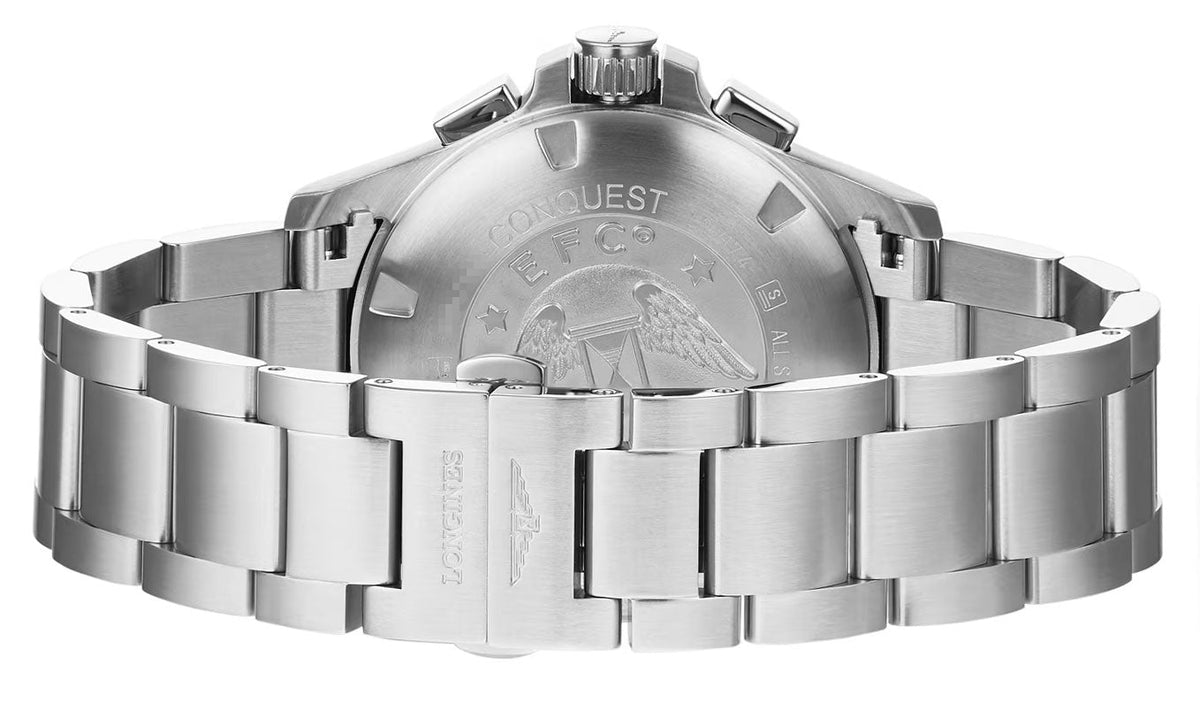 Longines Conquest V.H.P. Chronograph Stainless Steel Blue Dial Perpetual Calendar Date Quartz Mens Watch L3.717.4.96.6