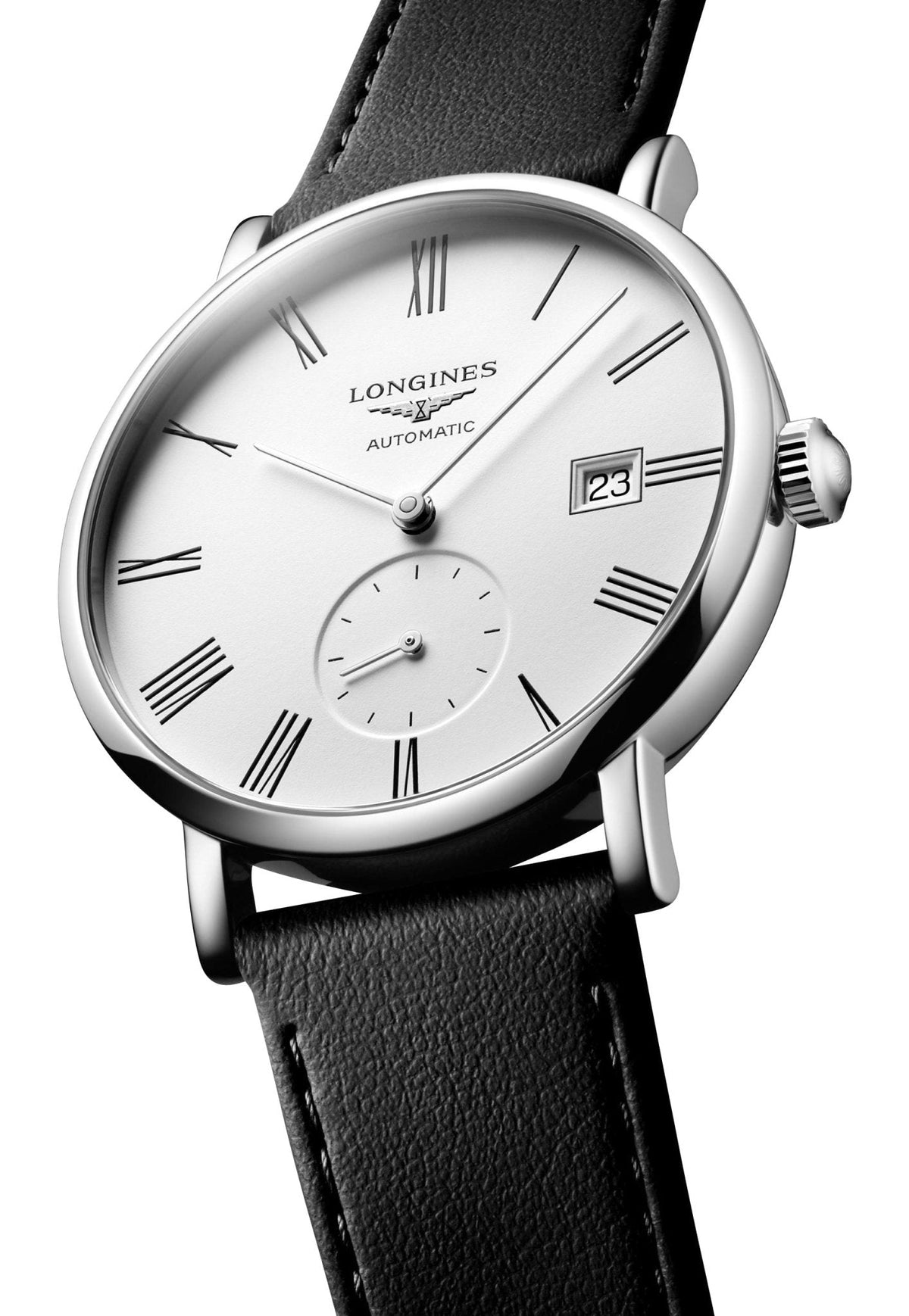 Longines Elegant Automatic Stainless Steel White Dial Black Leather Strap Date Unisex Watch L4.812.4.11.0