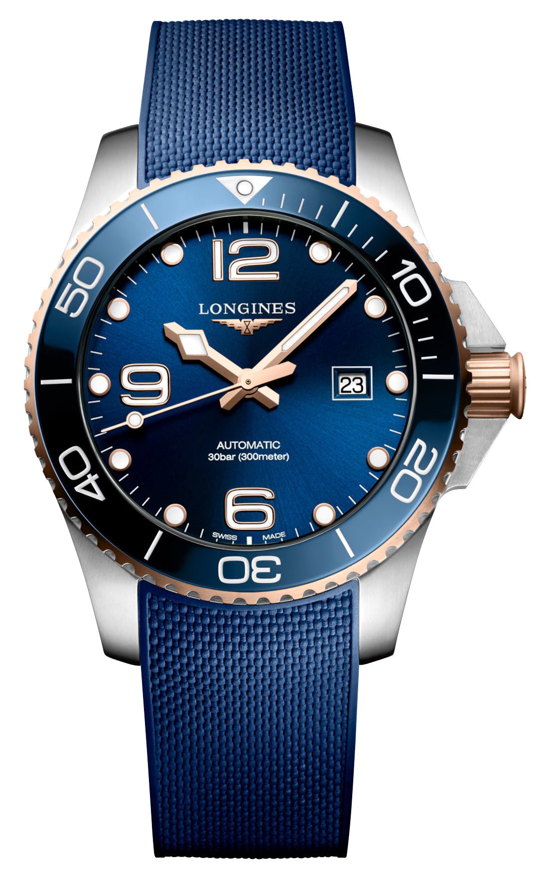 Longines HydroConquest Automatic Stainless Steel & Rose Gold PVD Blue Dial Blue Rubber Strap Date Divers Mens Watch L3.782.3.98.9