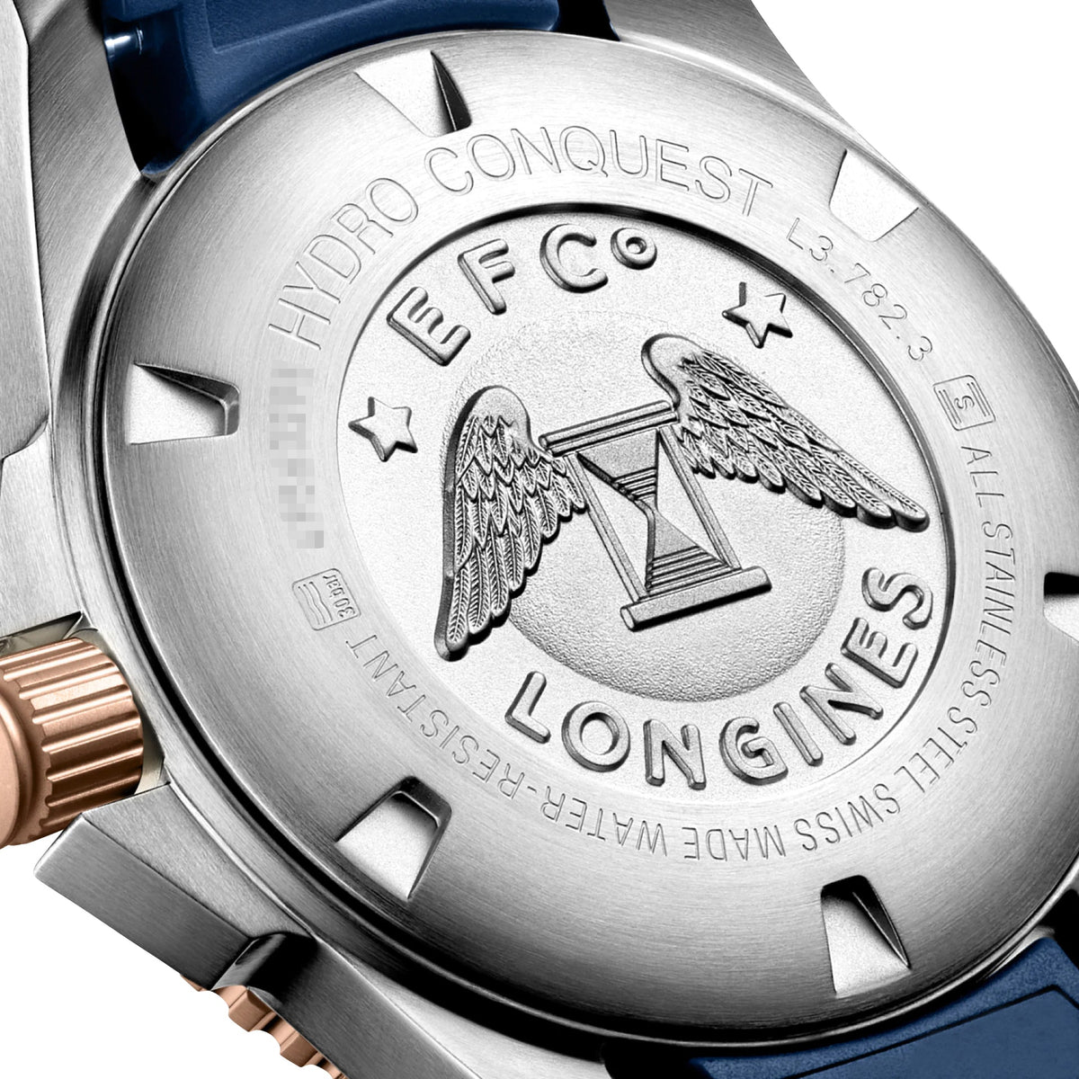 Longines HydroConquest Automatic Stainless Steel & Rose Gold PVD Blue Dial Blue Rubber Strap Date Divers Mens Watch L3.782.3.98.9