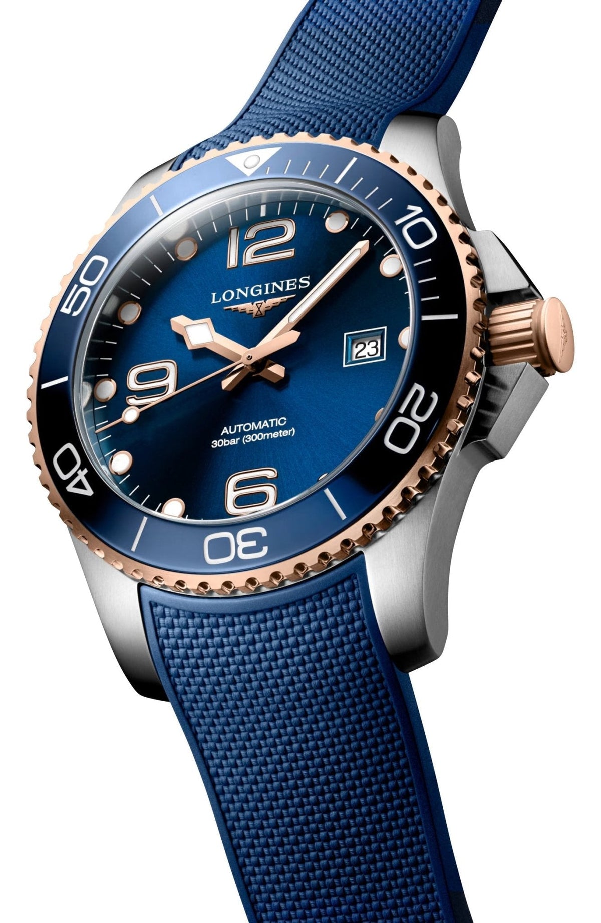 Longines HydroConquest Automatic Stainless Steel & Rose Gold PVD Blue Dial Blue Rubber Strap Date Divers Mens Watch L3.782.3.98.9