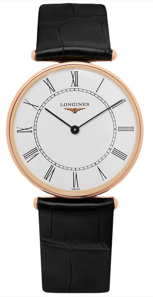 Longines La Grande Classique Agassiz 18K Rose Gold White Dial Black Leather Strap Quartz Unisex Watch L4.691.8.11.0