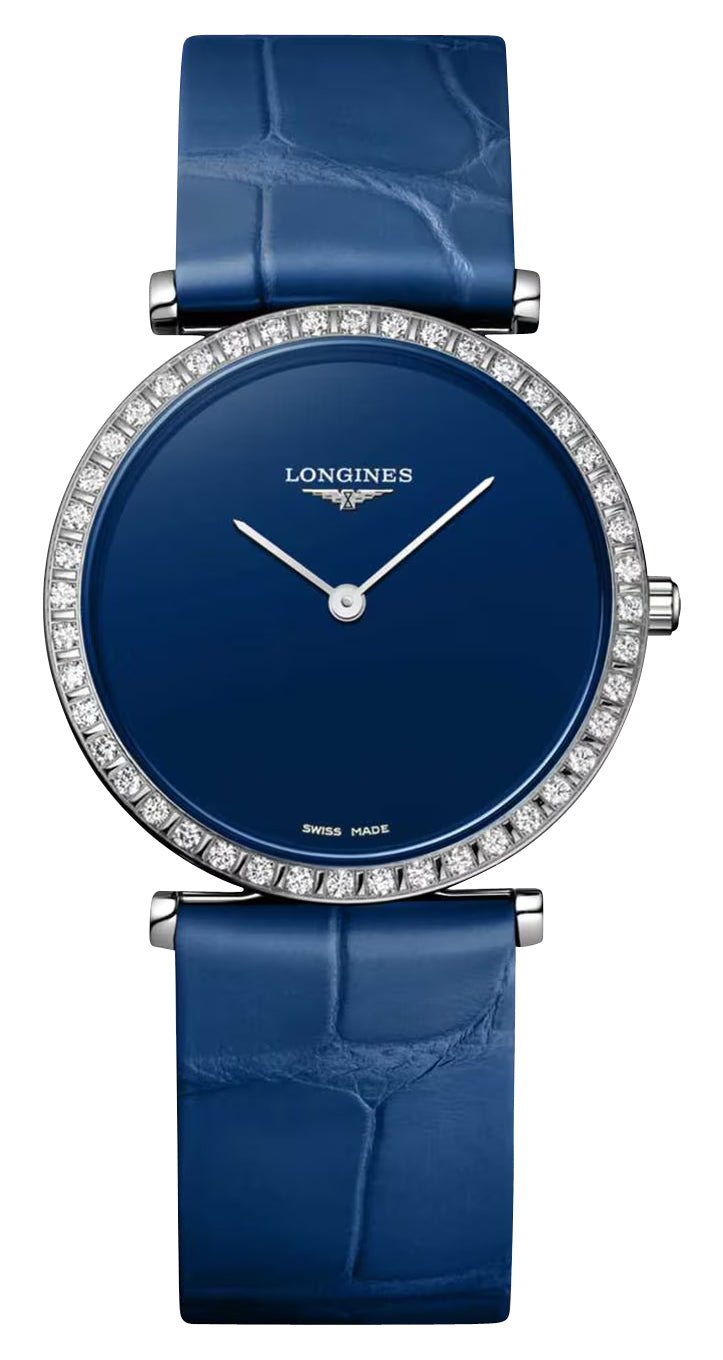 Longines La Grande Classique Monochrome Stainless Steel Blue Dial Blue Leather Strap Diamonds Quartz Womens Watch L4.523.0.90.2