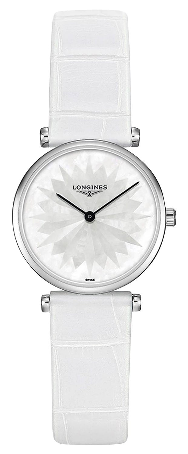 Longines La Grande Classique Stainless Steel Mother-Of-Pearl Dial White Leather Strap Quartz Womens Watch L4.209.4.05.2