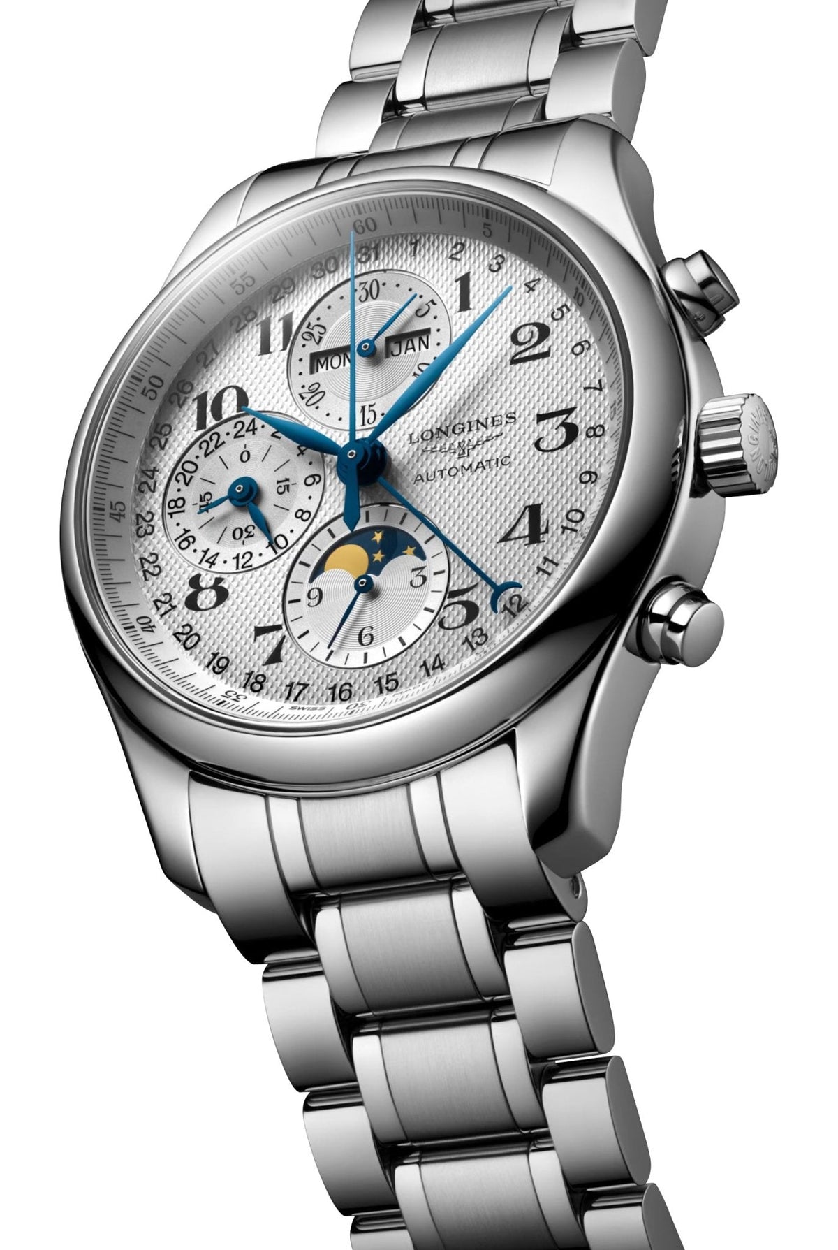Longines Master Collection Automatic Chronograph Stainless Steel Silver Dial Day/Date Month Moonphase Mens Watch L2.773.4.78.6