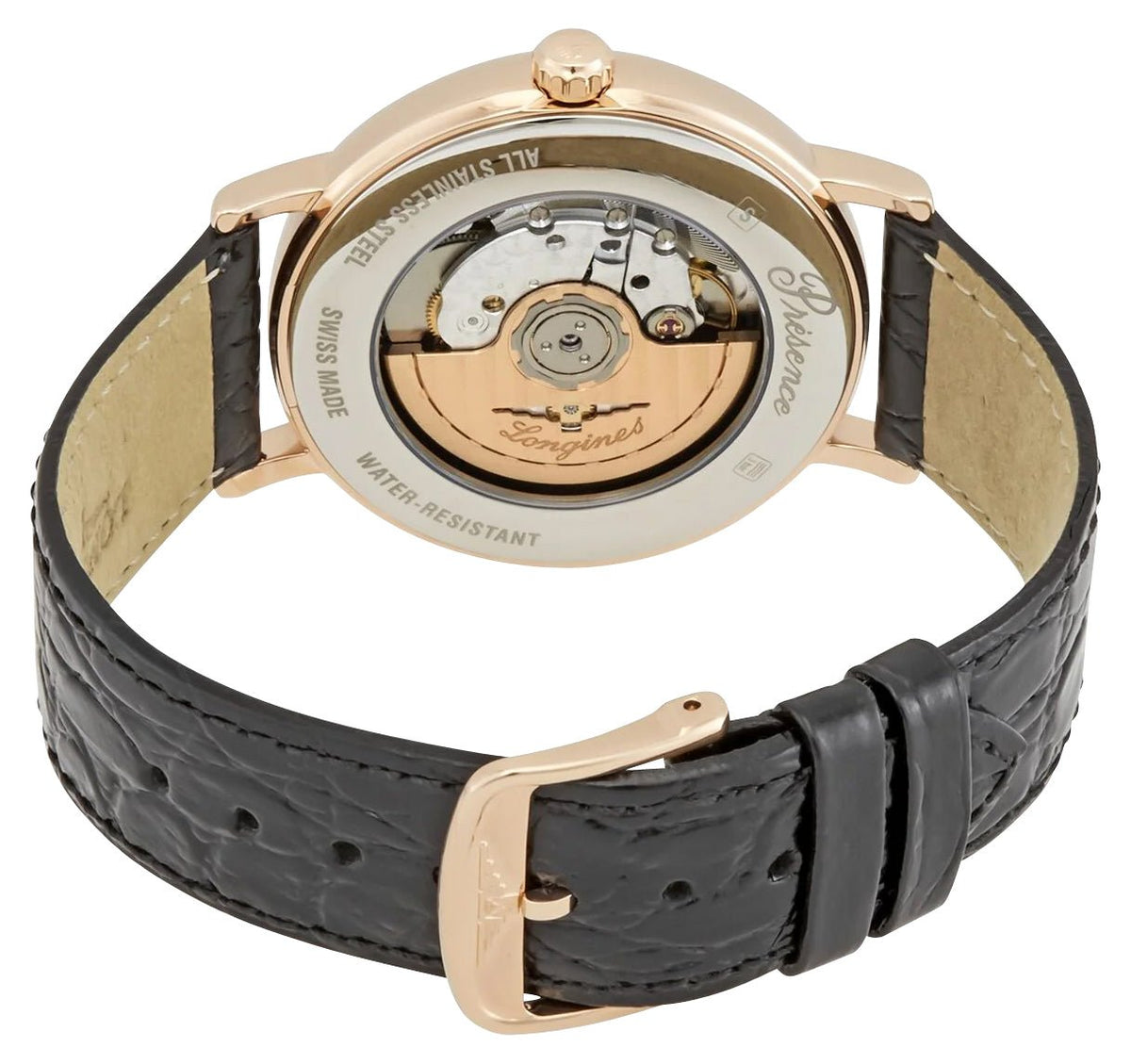 Longines Presence Automatic Rose Gold PVD White Dial Black Leather Strap Date Mens Watch L4.922.1.12.2