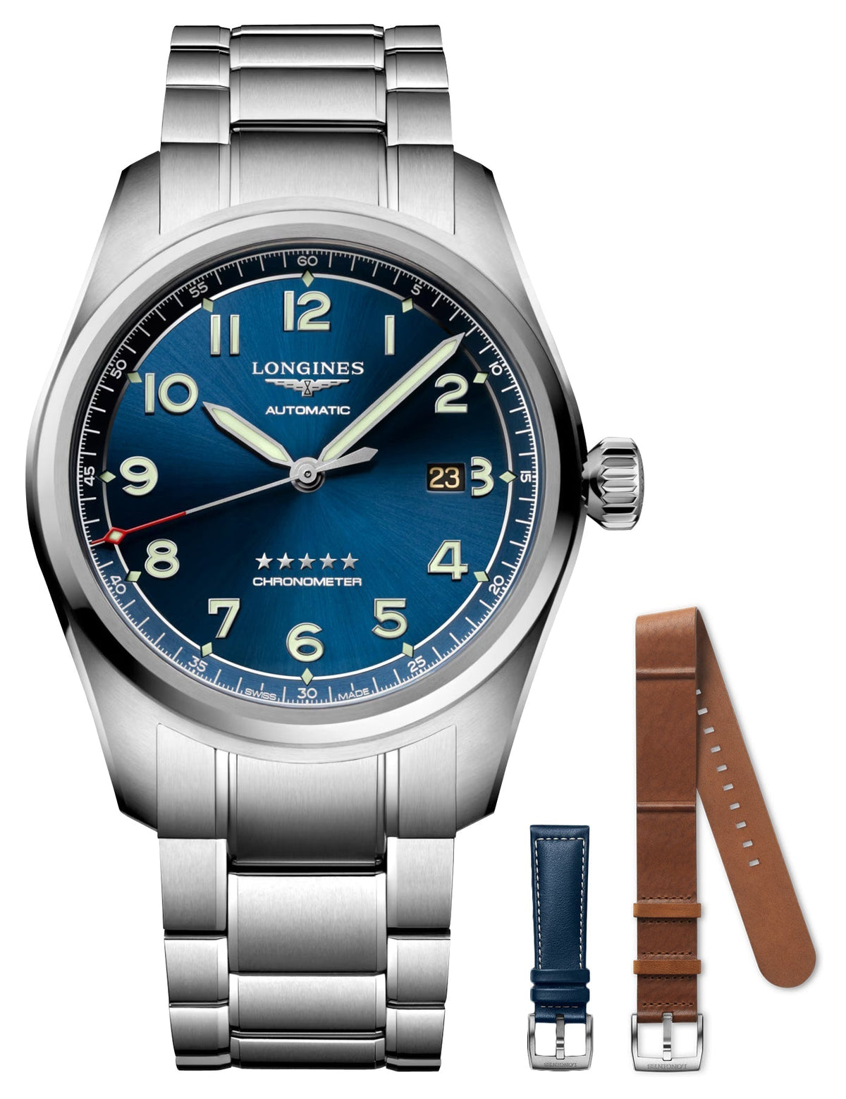 Longines Spirit Prestige Edition Automatic COSC Stainless Steel Blue Dial Interchangeable Blue/Brown Leather Strap Date Mens Watch L3.811.4.93.9