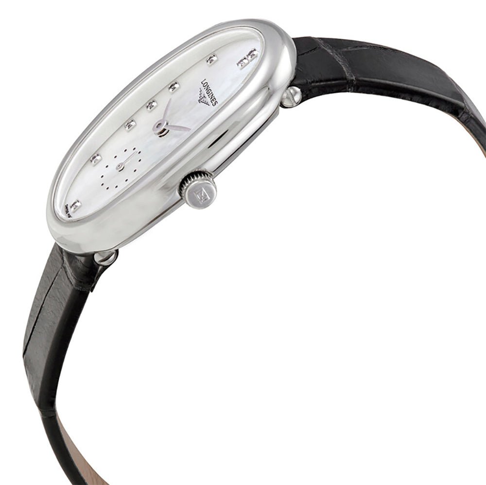 Longines Symphonette Stainless Steel Mother-of-Pearl Dial Black Leather Strap Diamonds Quartz Womens Watch L2.306.4.87.0