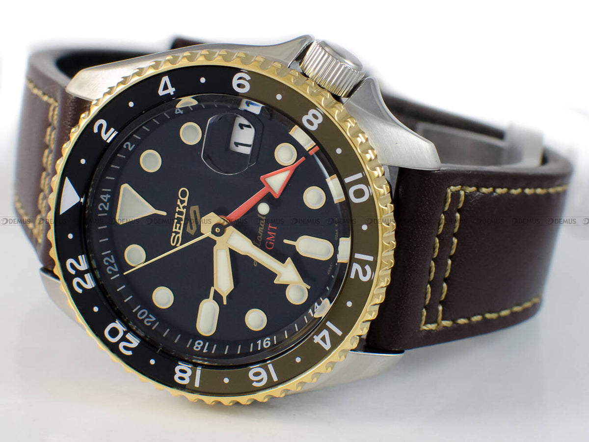 Seiko 5 Sports SKX GMT Automatic Mocha Black Dial Brown Leather Strap Watch For Men - SSK036K1