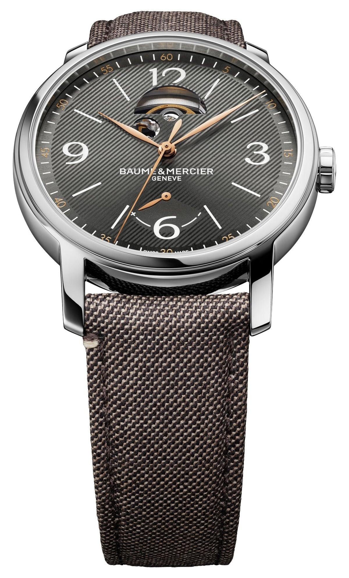 Special Edition Baume & Mercier Classima Power Reserve Automatic Stainless Steel Gray Dial Brown Fabric Interchangeable Black Leather Strap Mens Watch M0A10718