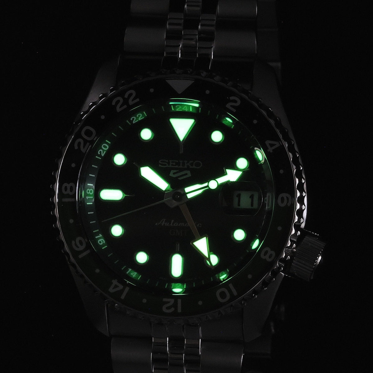 Seiko 5 Sports SKX GMT Automatic Green Dial Silver Steel Strap Watch For Men - SSK035K1