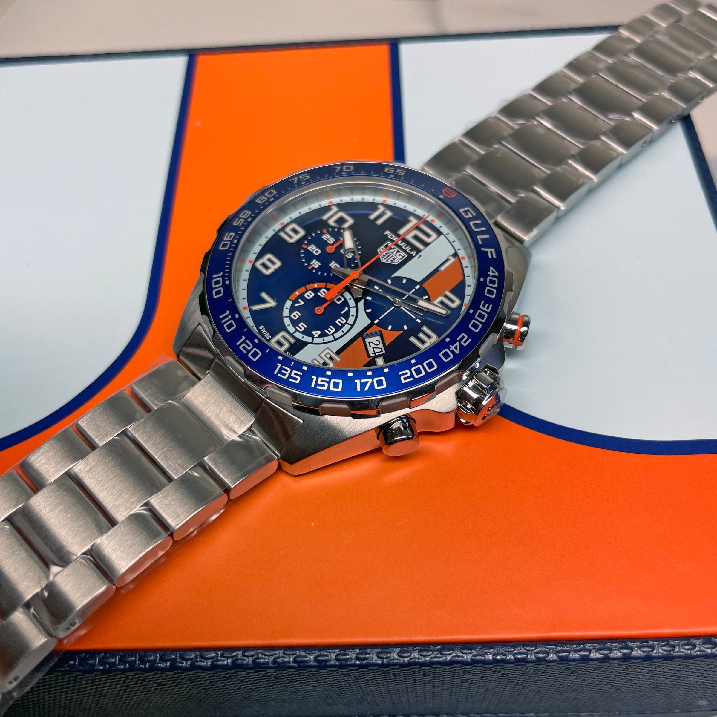 Tag Heuer Formula 1 Gulf Edition Chronograph Blue Dial Silver Steel Strap Watch for Men - CAZ101AT.BA0842