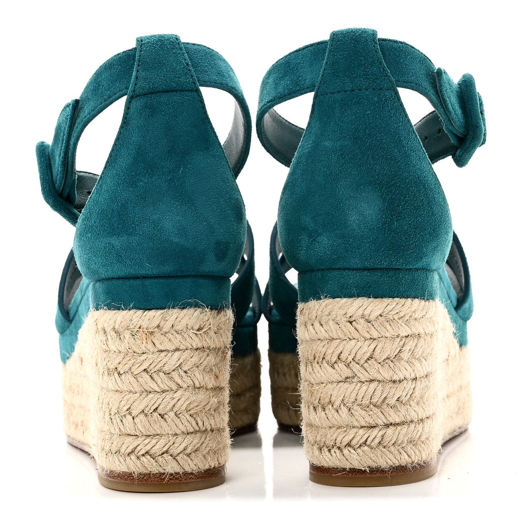 Suede Goatskin Elda Espadrille Wedge Sandals 38 Vert Oxford