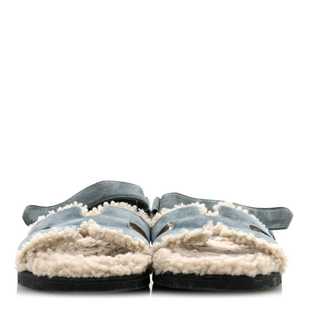 Suede Goatskin Woolskin Womens Chypre Sandals 38.5 Bleu Pinede Ecru