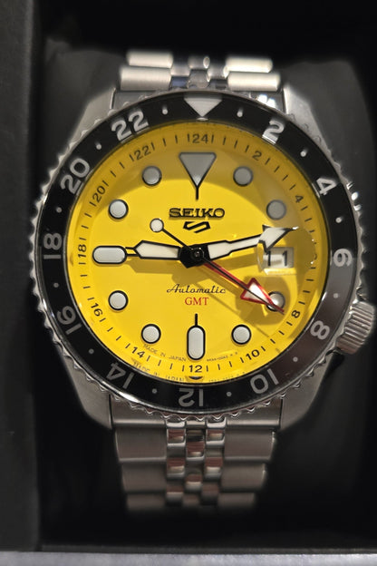 Seiko 5 Sport SKX GMT US Special Creation Automatic Yellow Dial Silver Steel Strap Watch for Men - SSK017K1