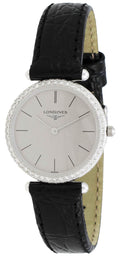 Longines La Grande Classique Agassiz 18kt White Gold & Diamond Womens Watch Grey Dial Black Leather L4.191.7.72.2