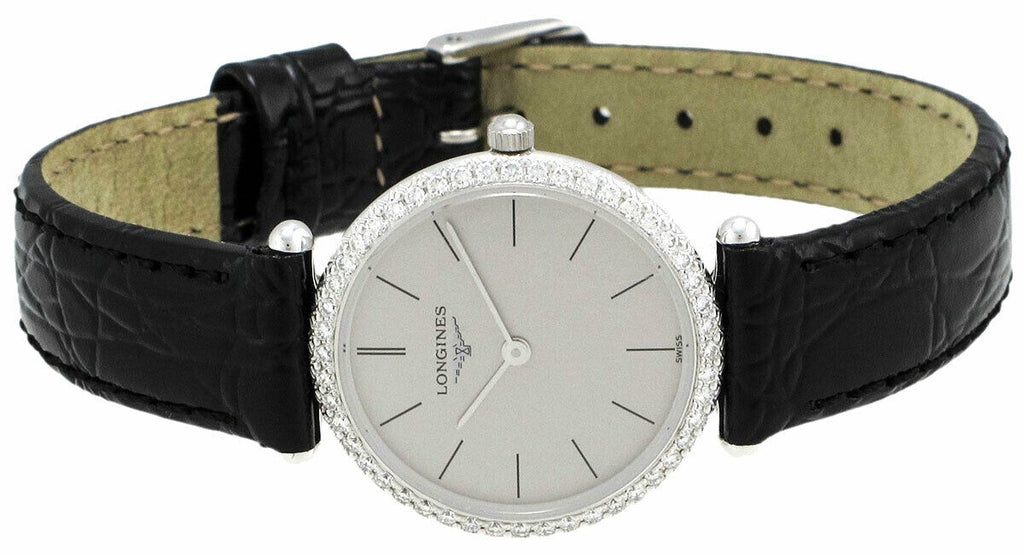 Longines La Grande Classique Agassiz 18kt White Gold & Diamond Womens Watch Grey Dial Black Leather L4.191.7.72.2