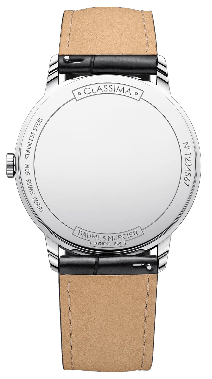 Baume & Mercier Classima Stainless Steel White Dial Black Leather Strap Date Quartz Mens Watch M0A10323