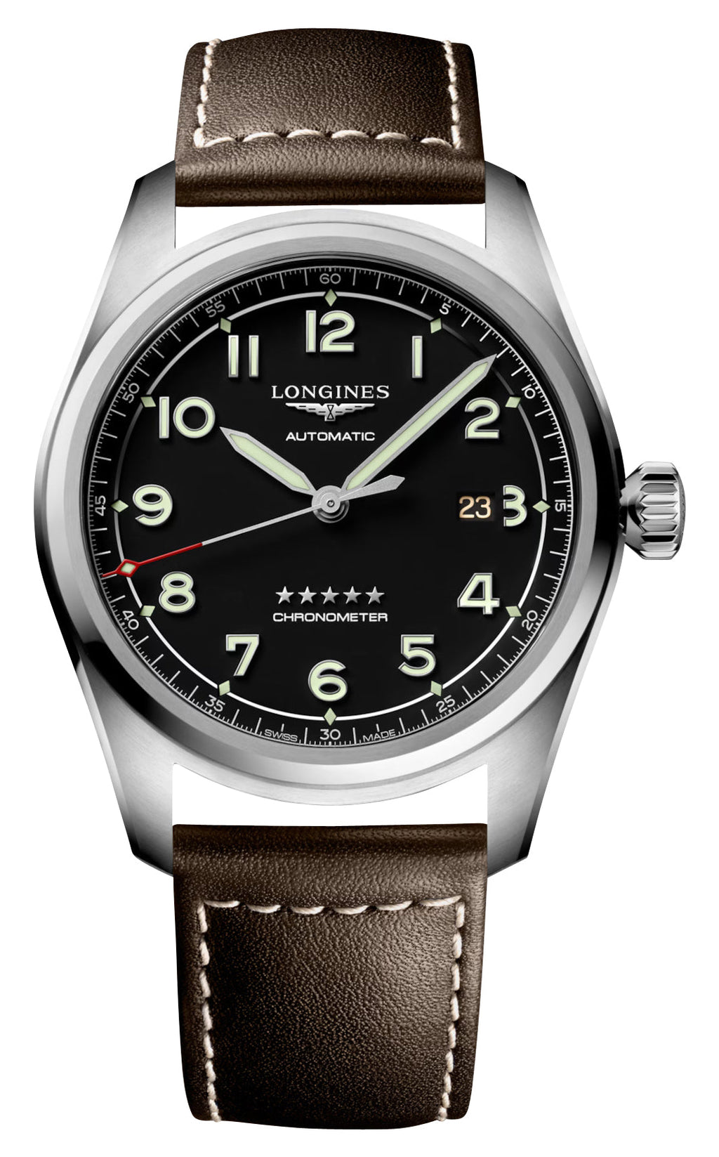 Longines Spirit Automatic COSC Stainless Steel Black Dial Brown Leather Strap Date Mens Watch L3.811.4.53.0