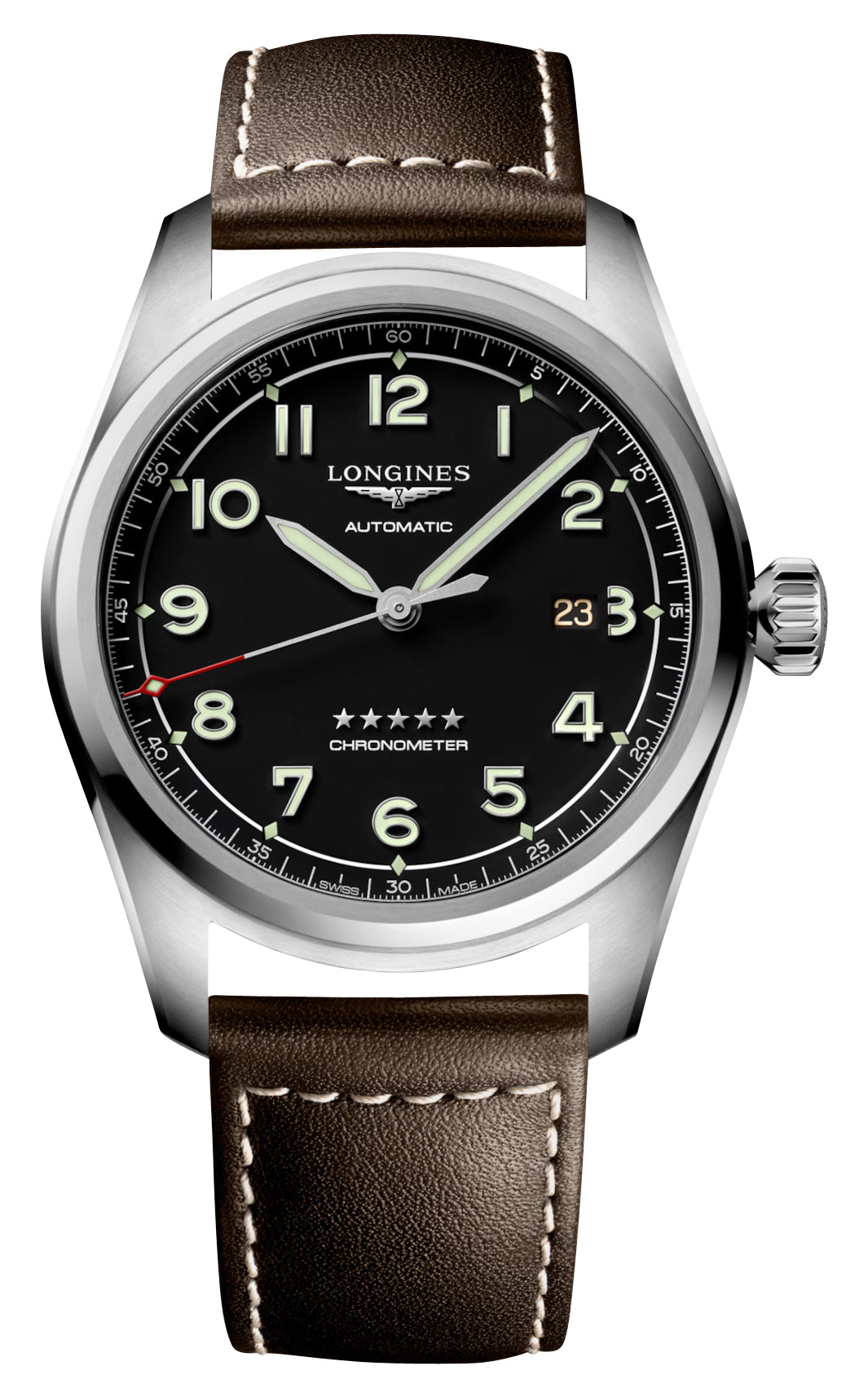 Longines Spirit Automatic COSC Stainless Steel Black Dial Brown Leather Strap Date Mens Watch L3.811.4.53.0
